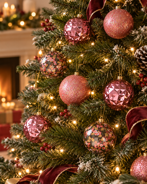 Pink Christmas baubles in glitter, clear and frosted finishes hanging on a Christmas tree