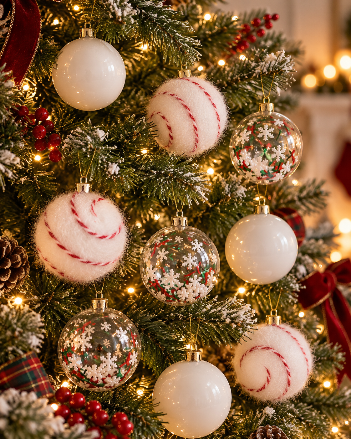 White Christmas baubles in glitter, clear and frosted finishes hanging on a Christmas tree