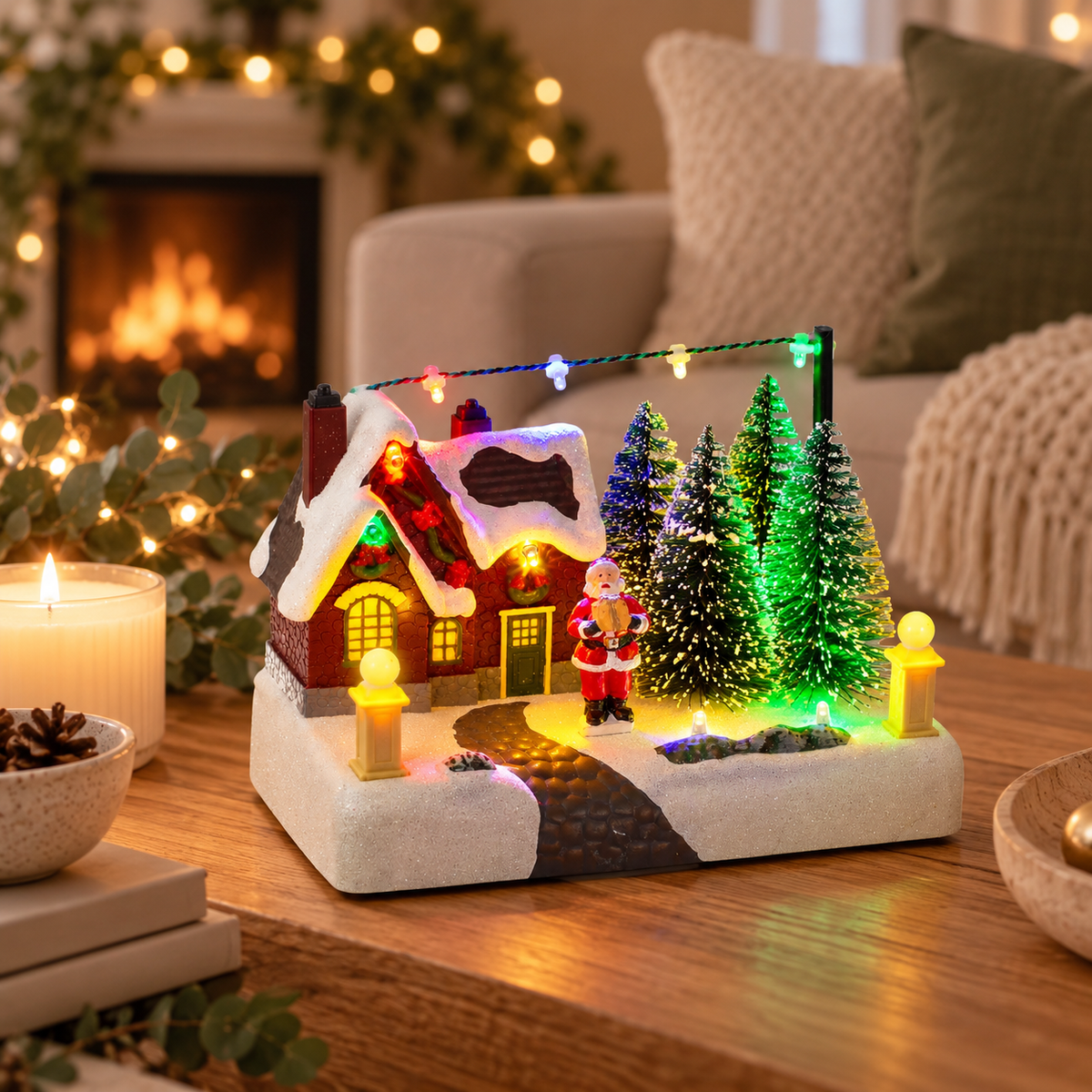 Lit Christmas village scene on a coffee table in a cosy living room with a fireplace
