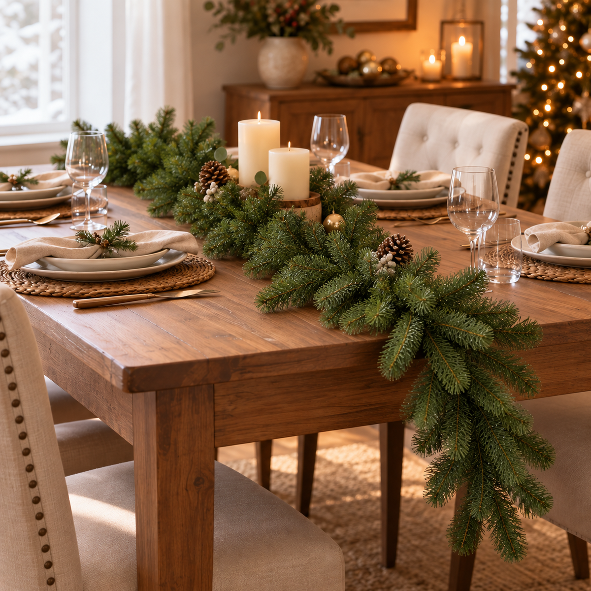Christmas pine garland without lights as a table runner on a wooden dining table