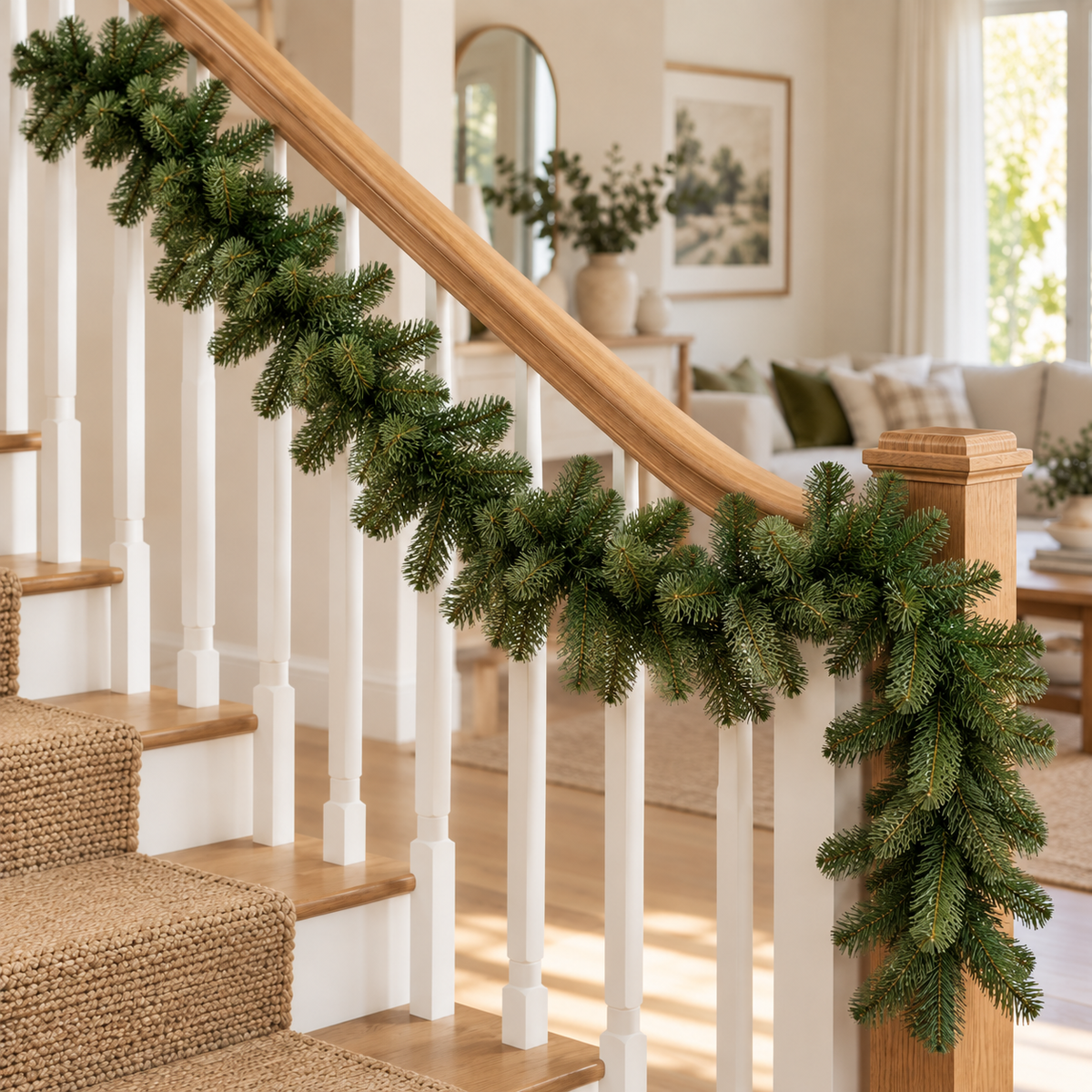 2.7m Christmas pine garland without lights wound along a staircase banister