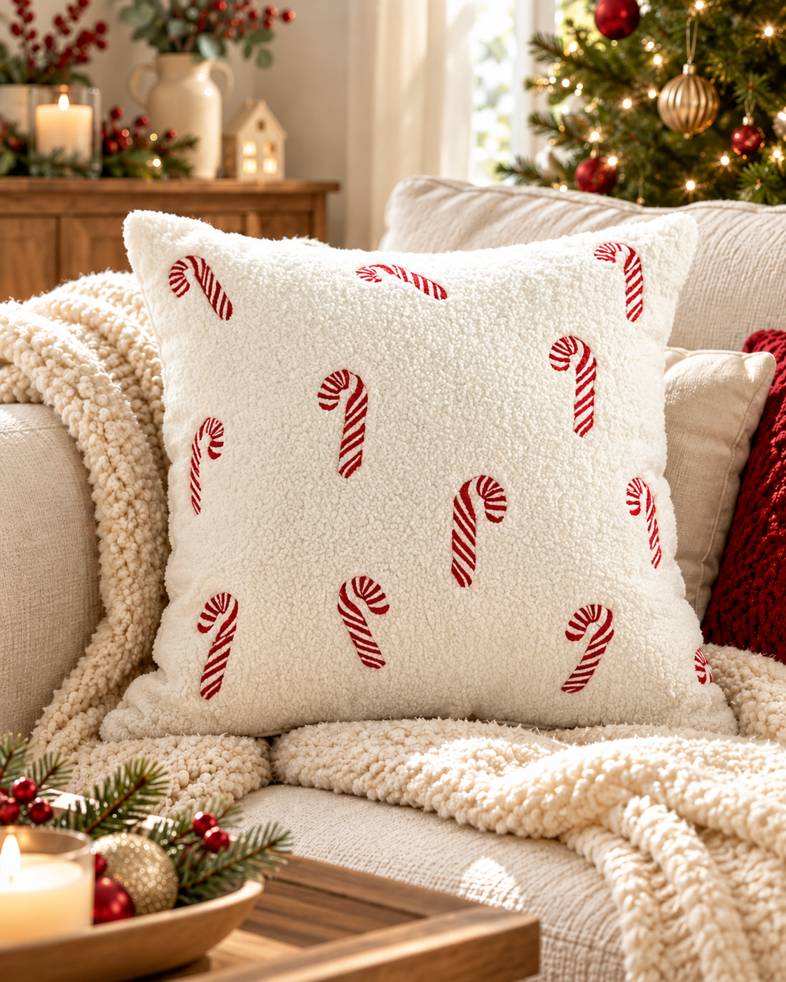 Candy Canes embroidered Christmas cushion cover, 45 x 45cm square, on a cream sofa