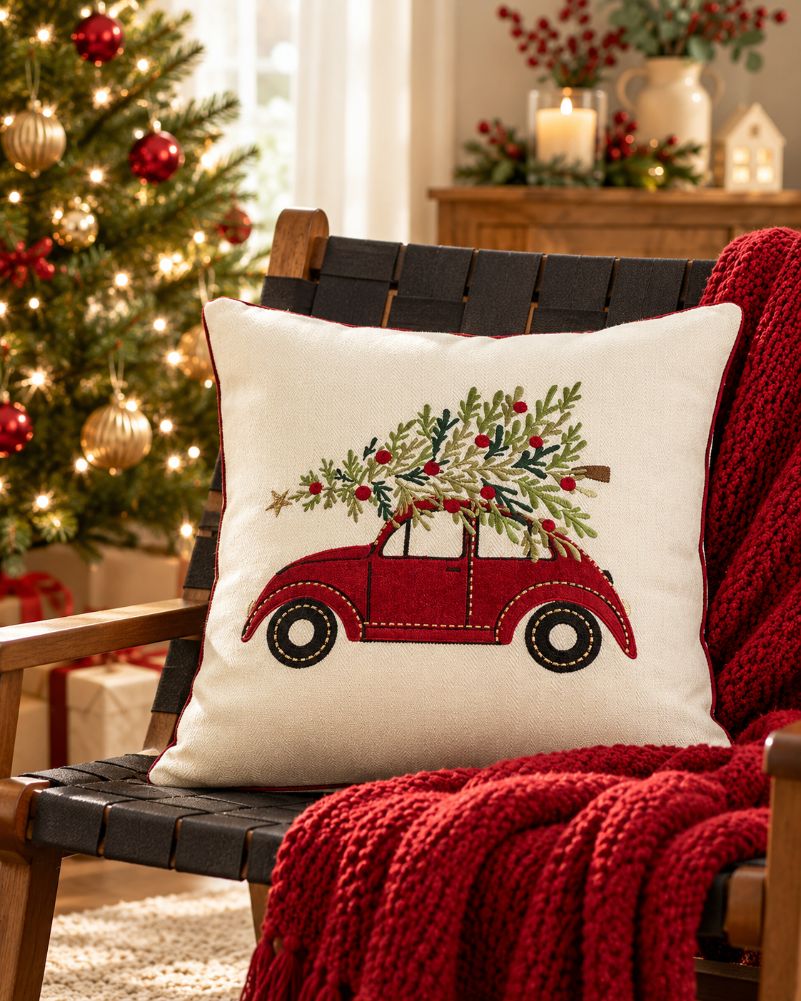 Christmas Car embroidered Christmas cushion cover, 45 x 45cm square, on a cream sofa