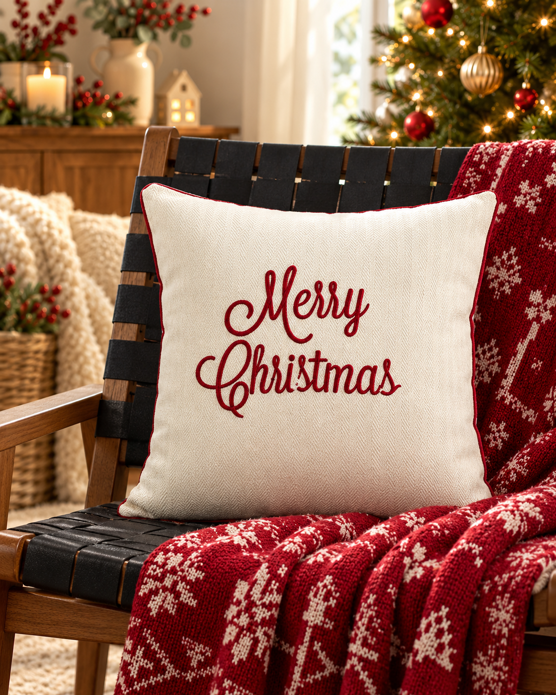 Classic Merry Christmas embroidered Christmas cushion cover, 45 x 45cm square, on a cream sofa