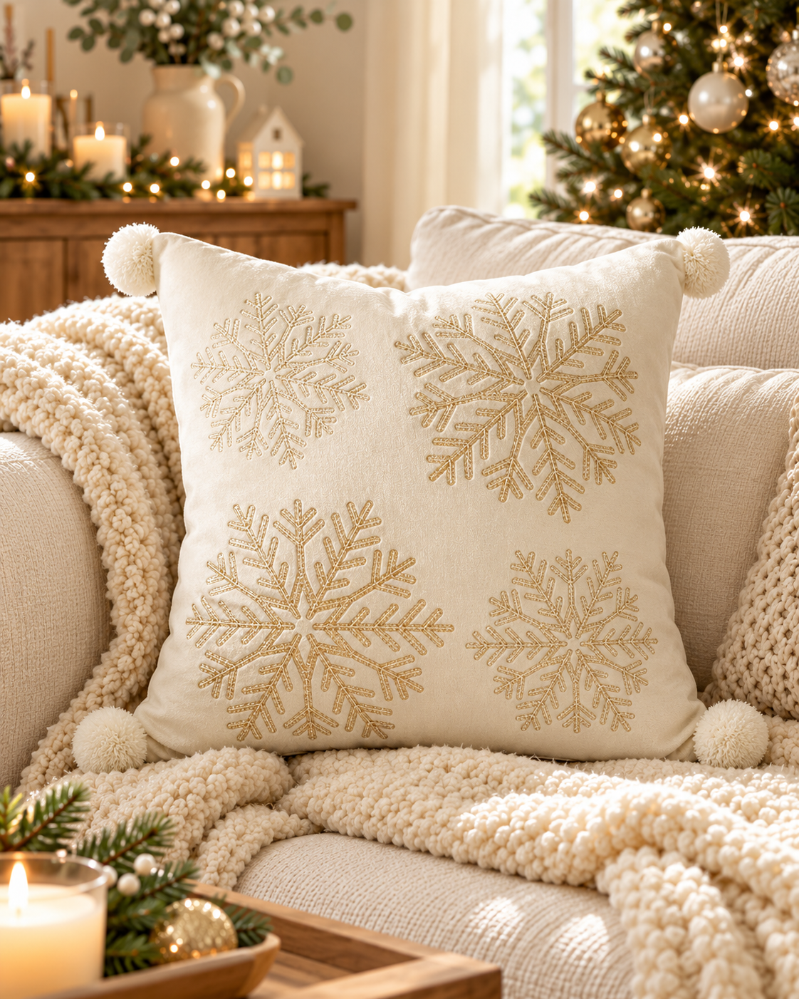 Cream Snowflakes embroidered Christmas cushion cover, 45 x 45cm square, on a cream sofa