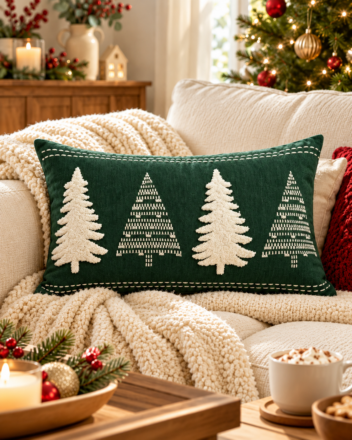 Frosted Forest embroidered Christmas cushion cover, 30 x 50cm rectangle, on a cream sofa