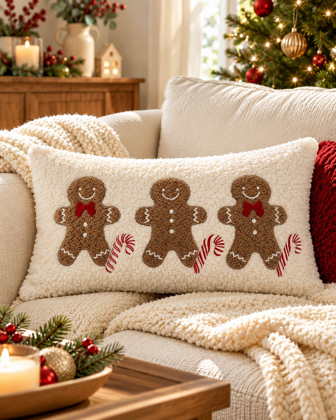 Gingerbread Men embroidered Christmas cushion cover, 30 x 50cm rectangle, on a cream sofa