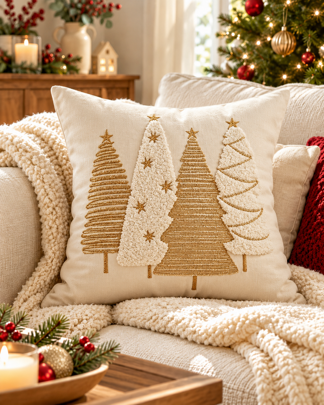 Golden Pines embroidered Christmas cushion cover, 45 x 45cm square, on a cream sofa