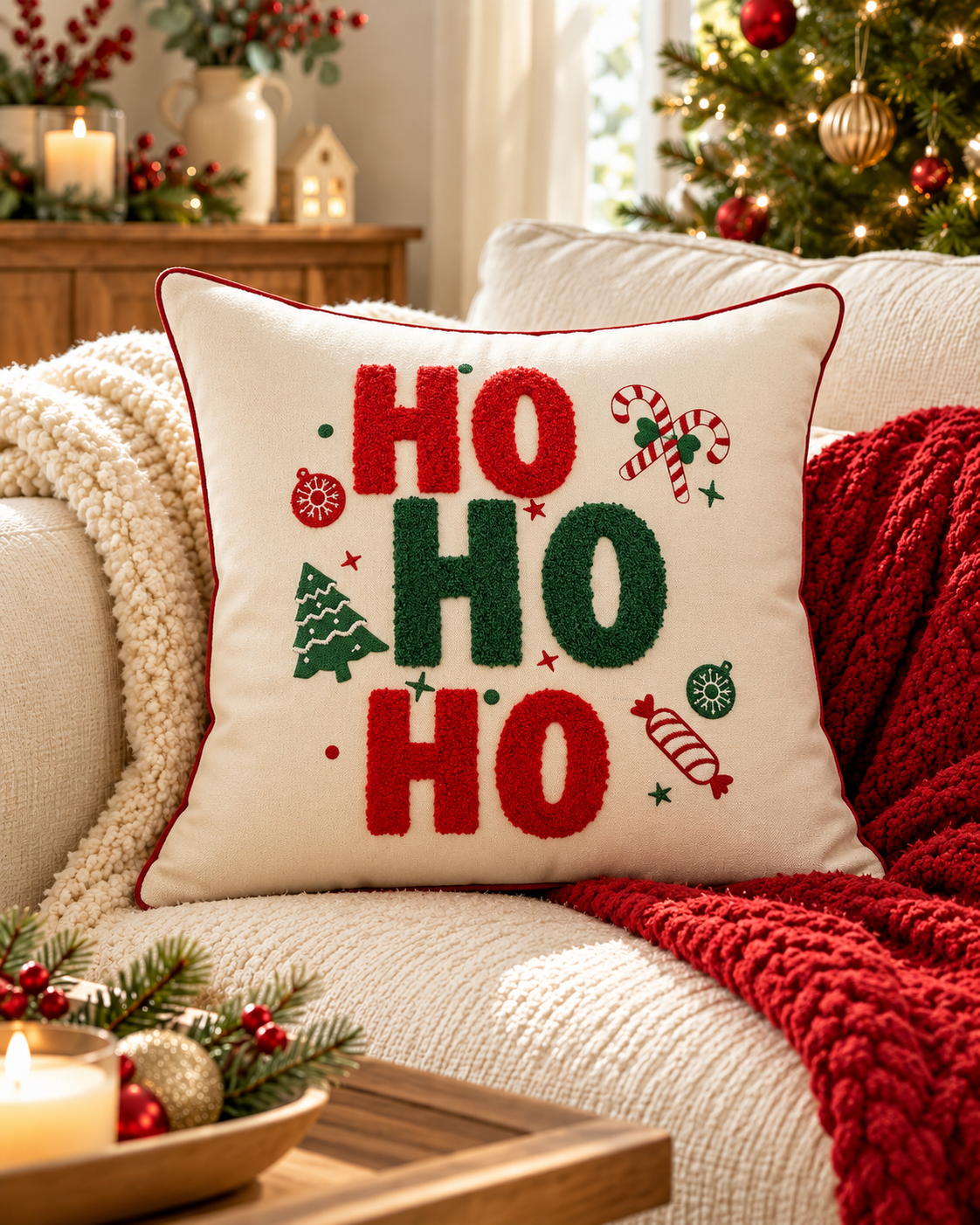 Ho Ho Ho embroidered Christmas cushion cover, 45 x 45cm square, on a cream sofa