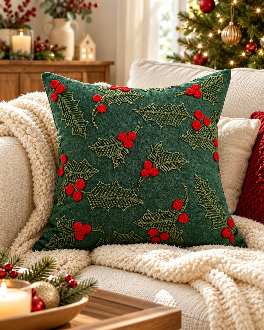 Holly Berries embroidered Christmas cushion cover, 45 x 45cm square, on a cream sofa