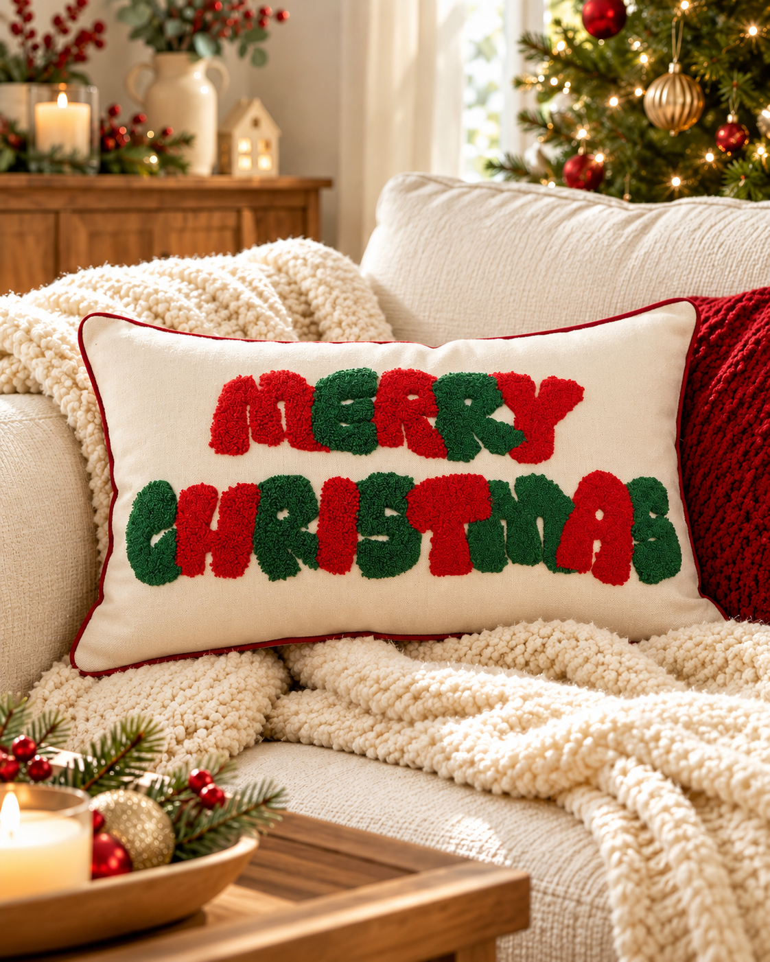 Merry Christmas Block embroidered Christmas cushion cover, 30 x 50cm rectangle, on a cream sofa