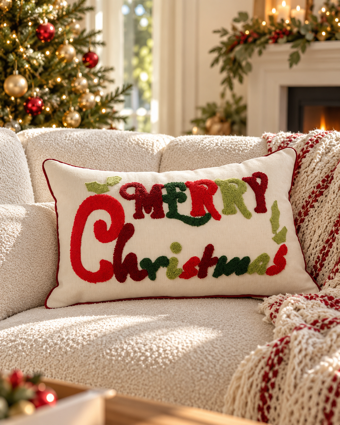 Merry Christmas Script embroidered Christmas cushion cover, 30 x 50cm rectangle, on a cream sofa