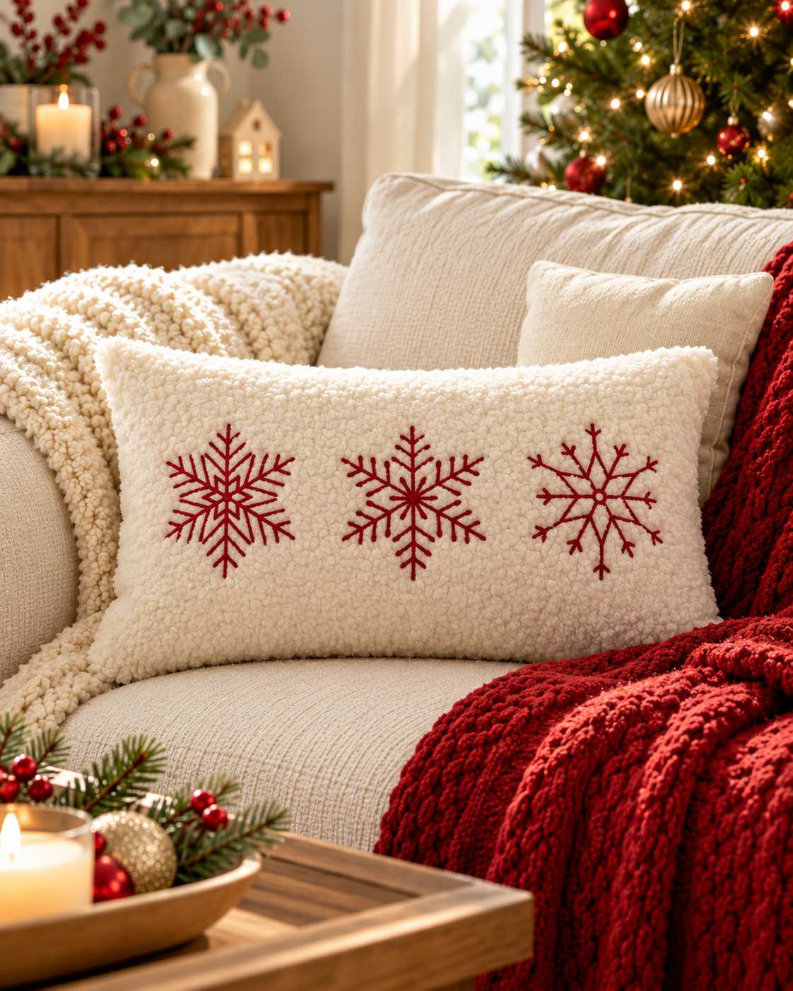 Red Snowflakes embroidered Christmas cushion cover, 30 x 50cm rectangle, on a cream sofa