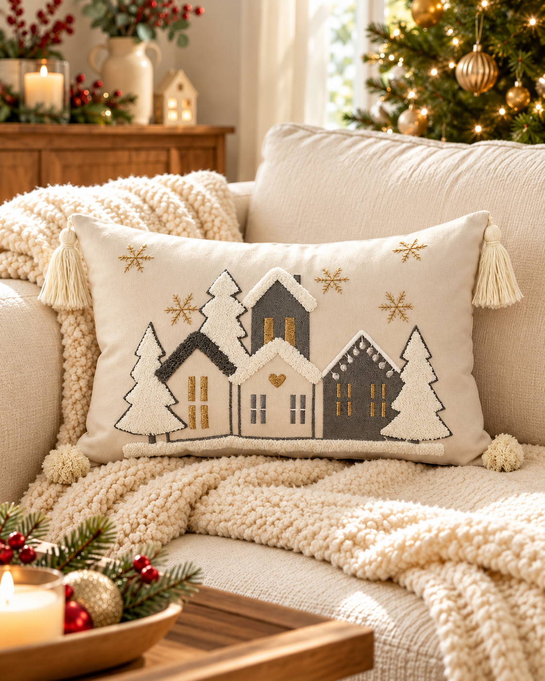 Snow House embroidered Christmas cushion cover, 30 x 50cm rectangle, on a cream sofa