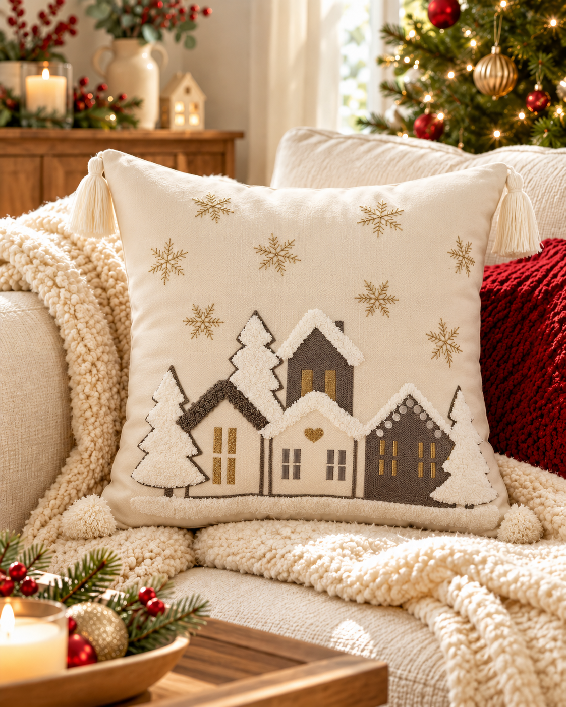 Snow House embroidered Christmas cushion cover, 45 x 45cm square, on a cream sofa