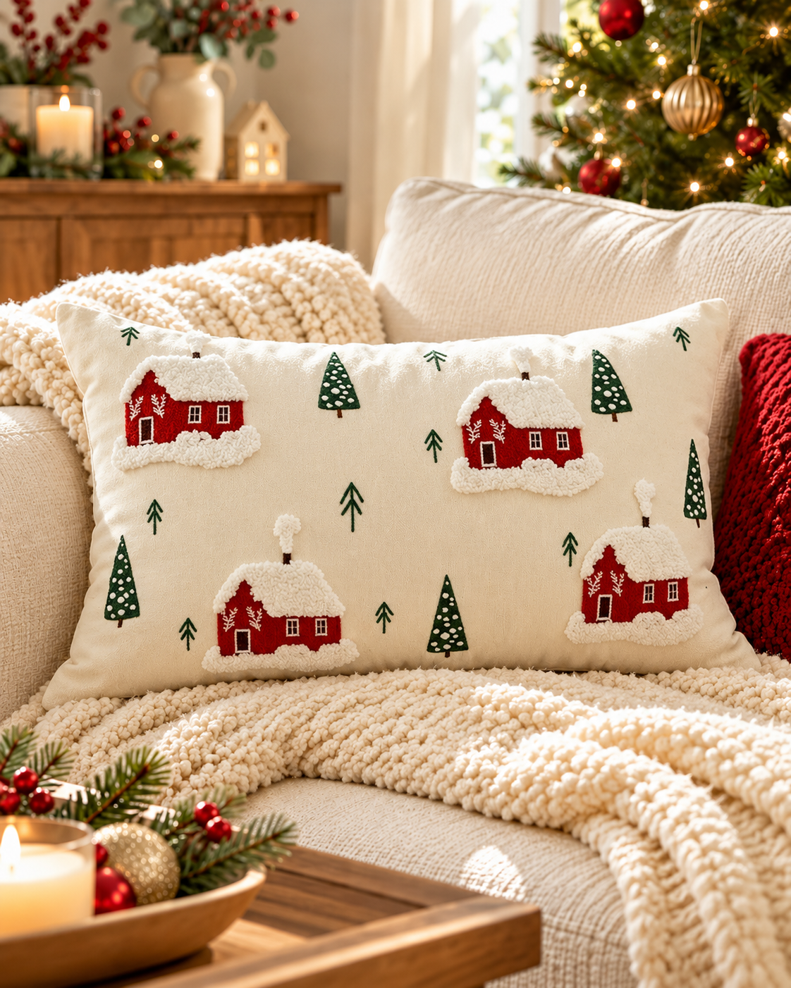 Snowy Cottages embroidered Christmas cushion cover, 30 x 50cm rectangle, on a cream sofa