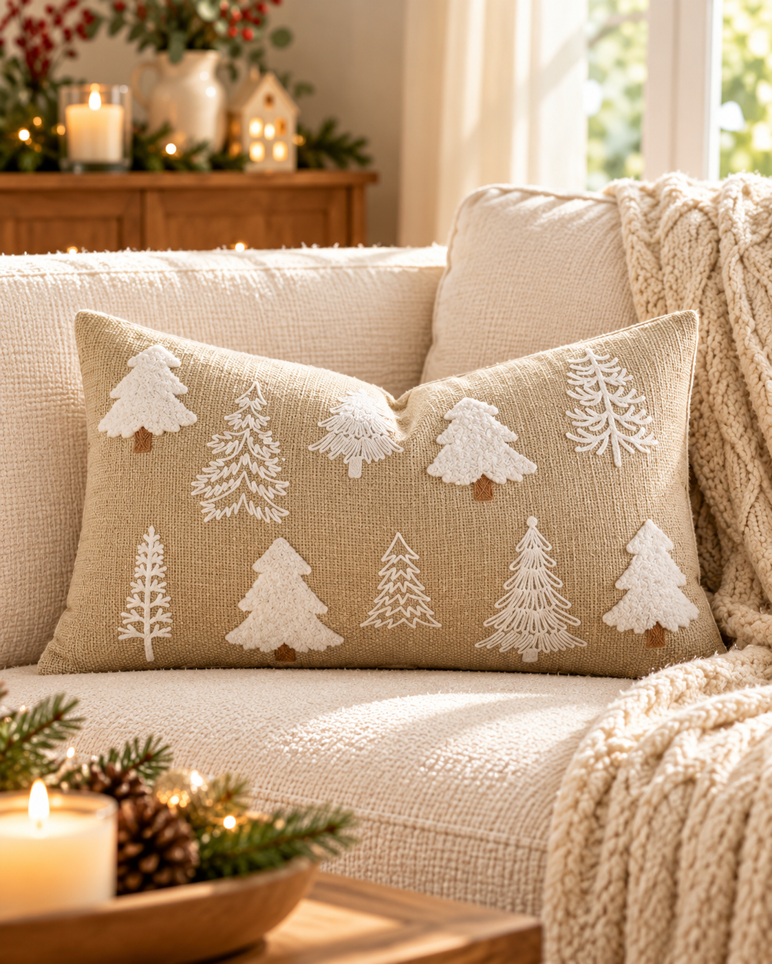 Snowy Pines embroidered Christmas cushion cover, 30 x 50cm rectangle, on a cream sofa