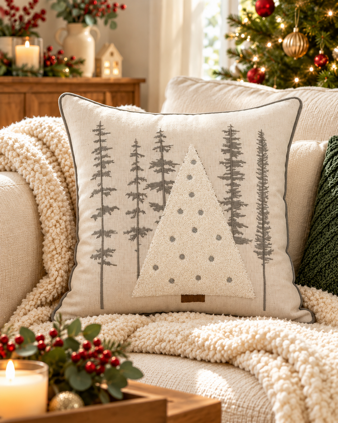 Winter Pines embroidered Christmas cushion cover, 45 x 45cm square, on a cream sofa