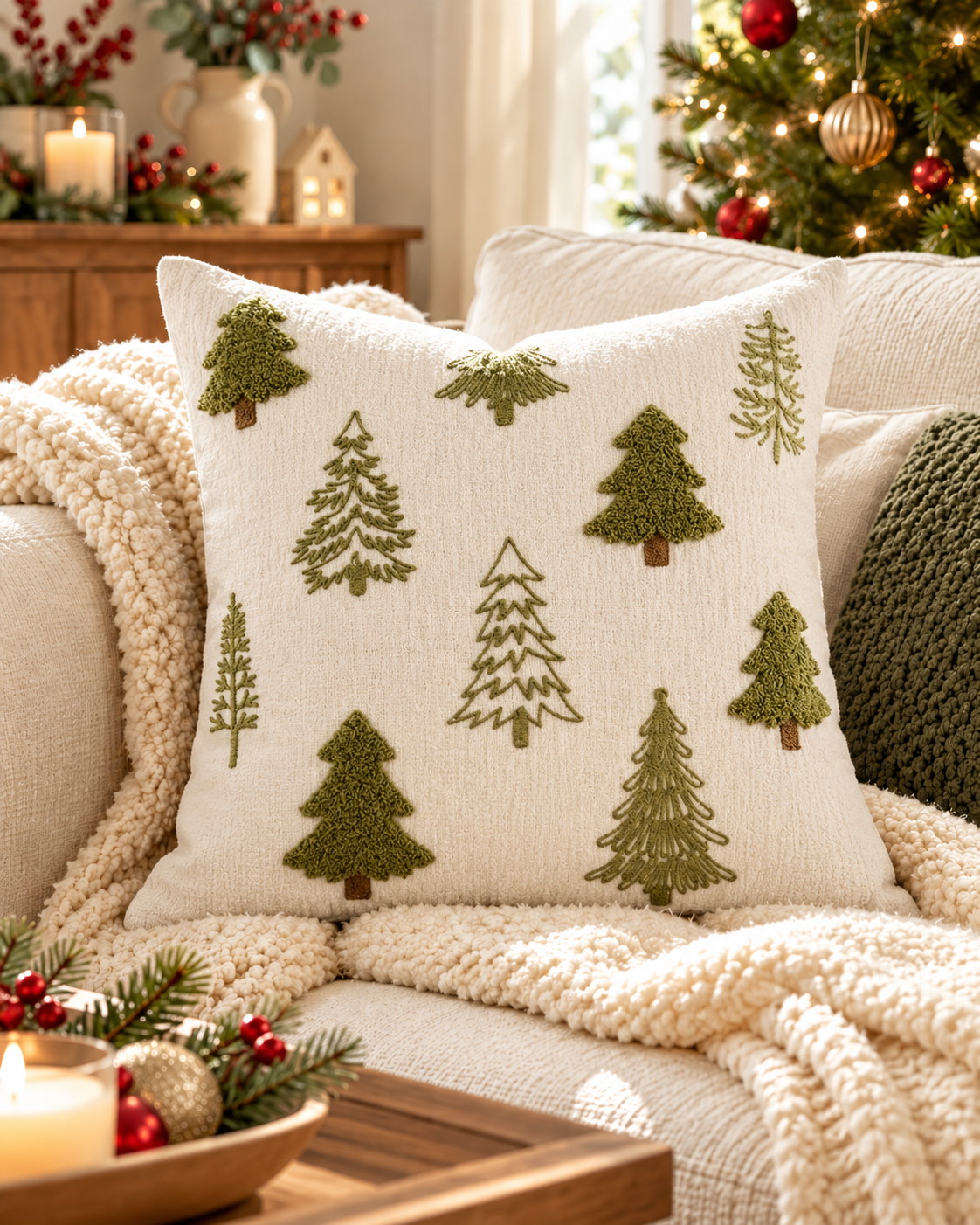 Woodland Trees embroidered Christmas cushion cover, 45 x 45cm square, on a cream sofa