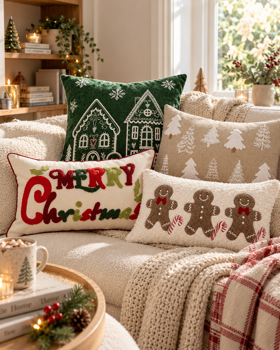 Embroidered Christmas cushion covers styled together on a cream sofa in a festive living room