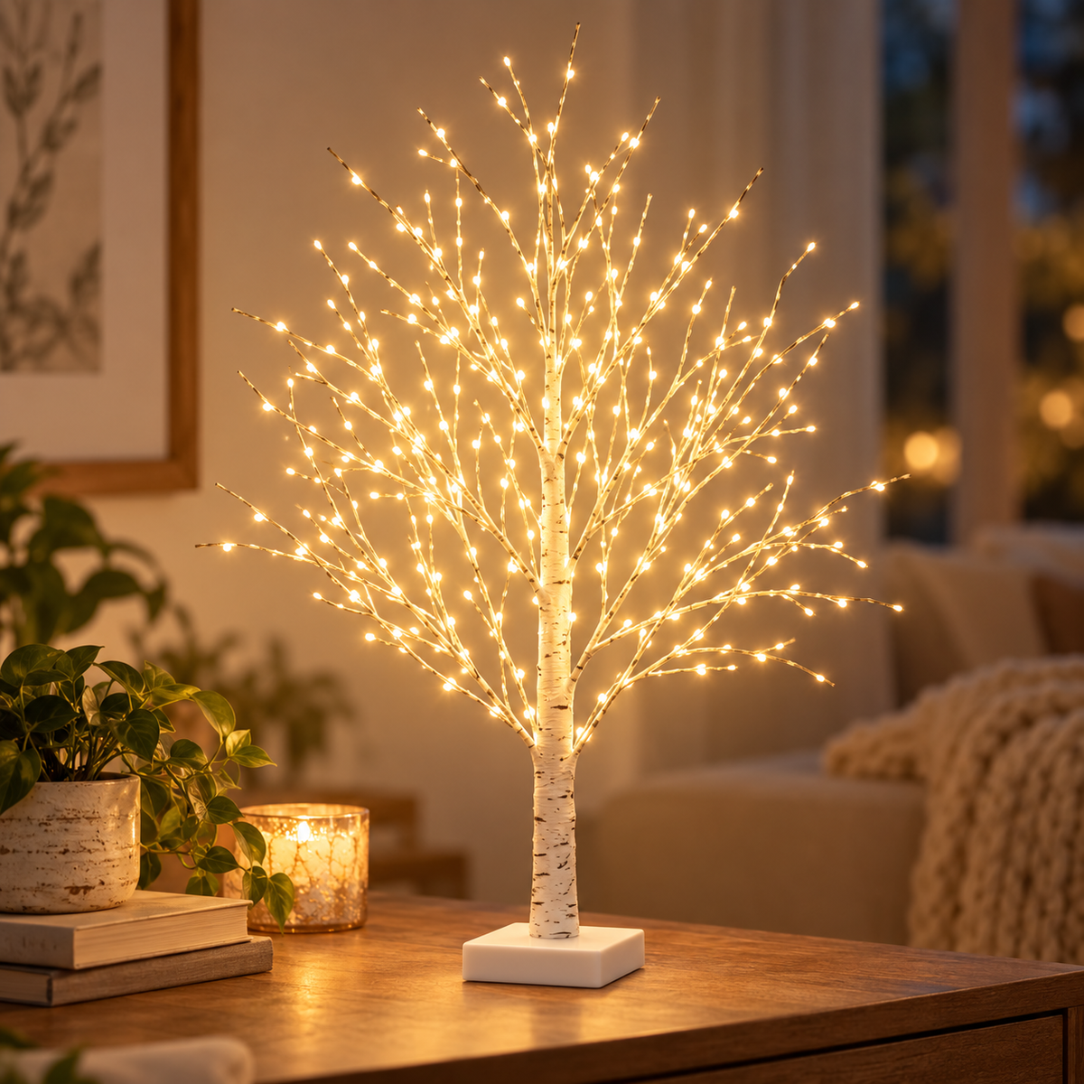LED birch tree Christmas decoration with 144 warm white LEDs, approx. 63.5cm tall