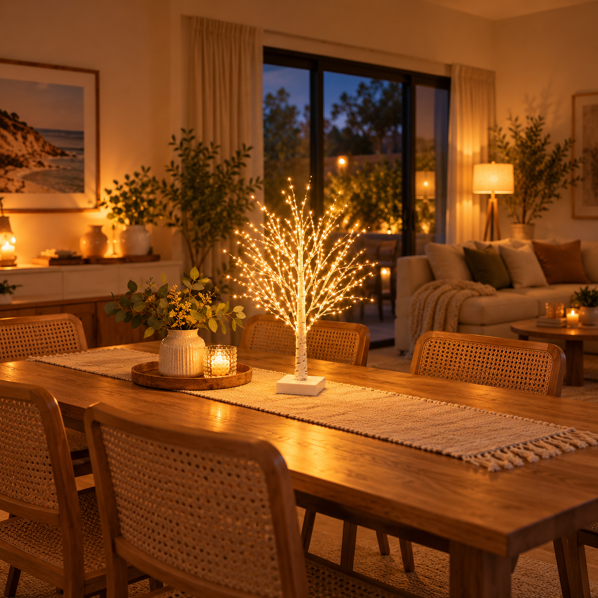 LED birch tree lit up as a dining table centrepiece in a cosy open-plan living room