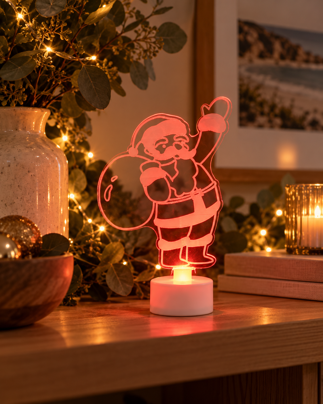 Santa acrylic LED Christmas light glowing red, approx. 15cm tall