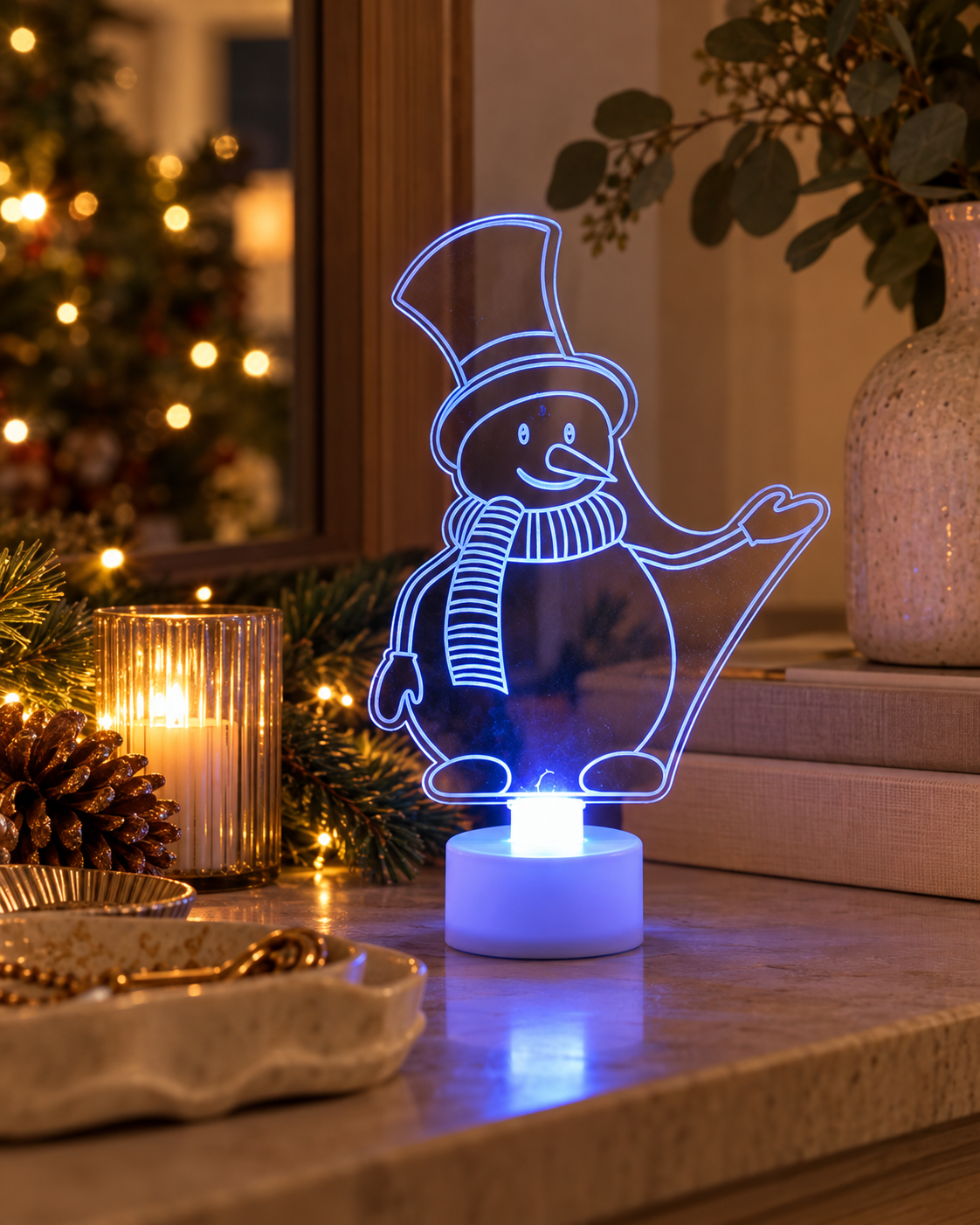 Snowman acrylic LED Christmas light glowing blue, approx. 15cm tall