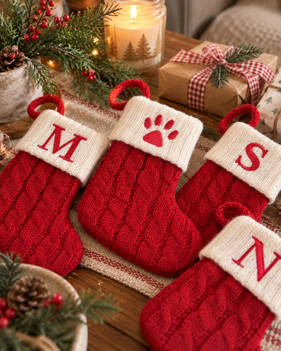 Flat lay of red letter Christmas stockings including a paw print design