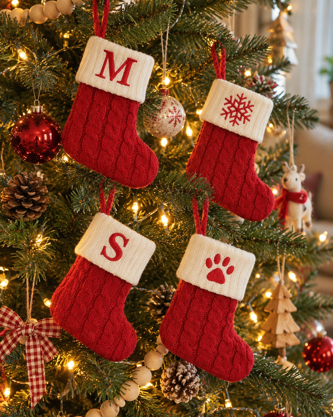 Mini red letter stockings hanging as ornaments on a Christmas tree