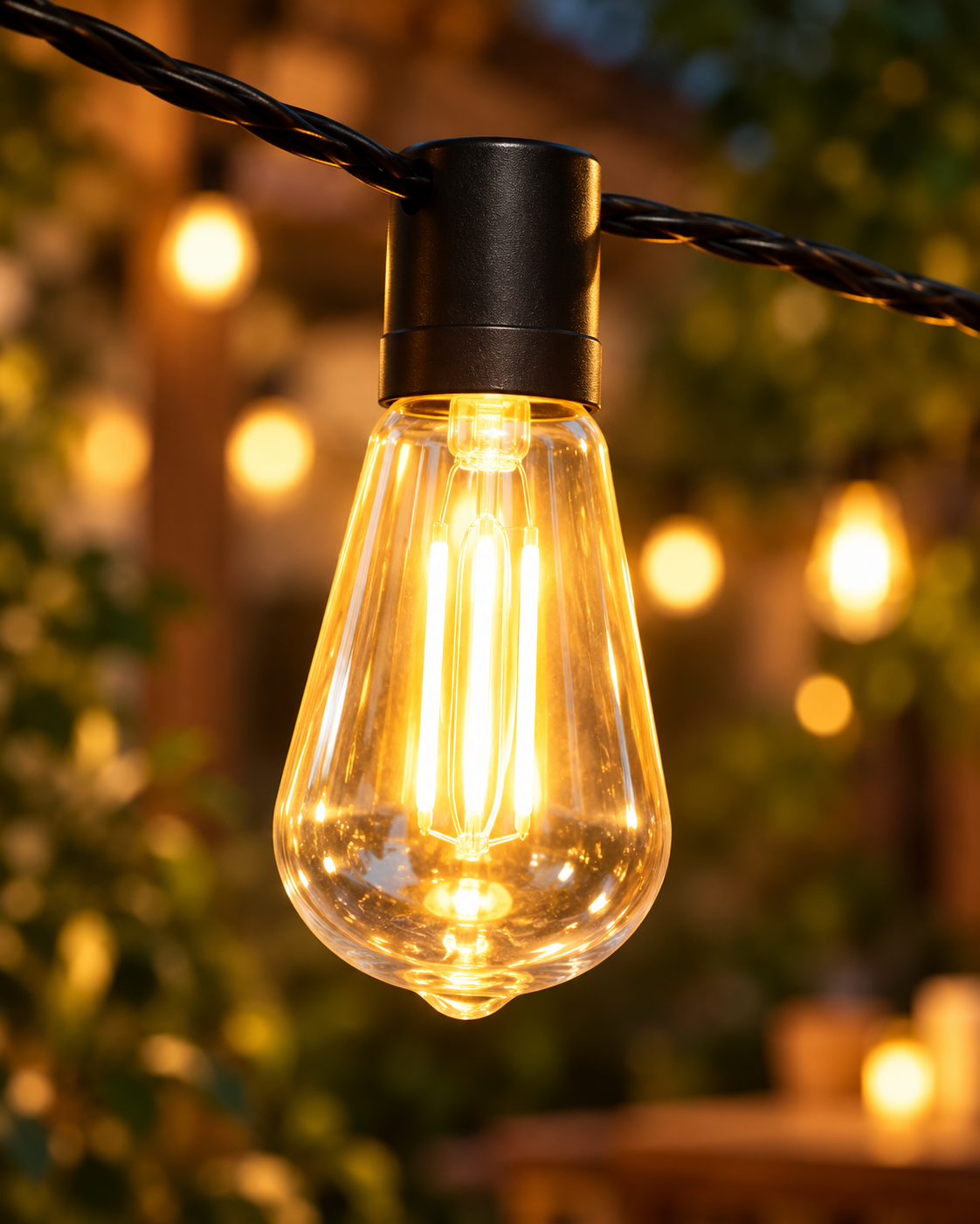 Close-up of a warm white Edison-style bulb on the solar outdoor string lights
