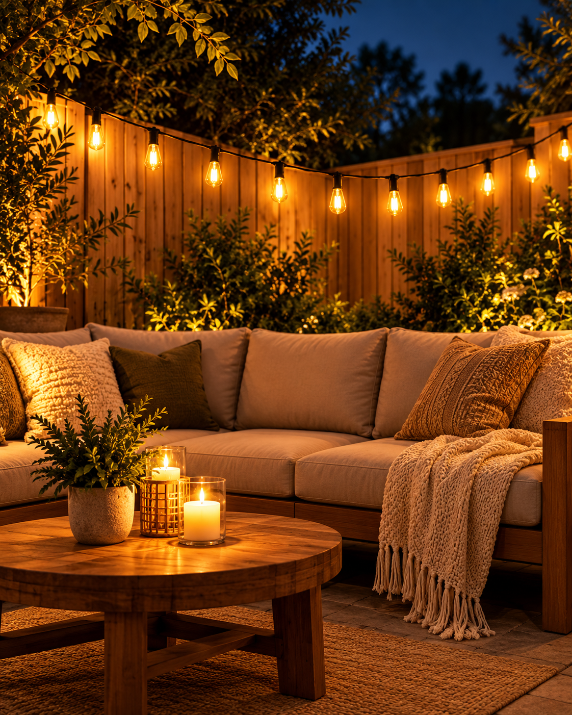 Solar outdoor string lights strung above a patio lounge area at night