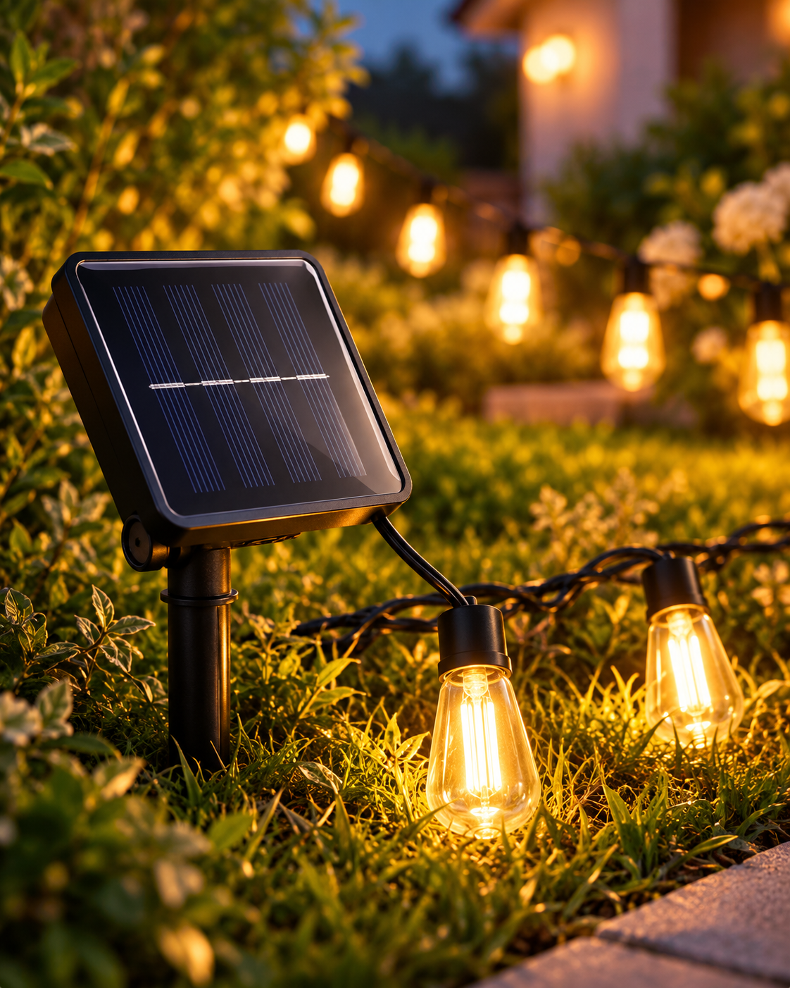 Solar panel in the garden powering warm white outdoor string lights