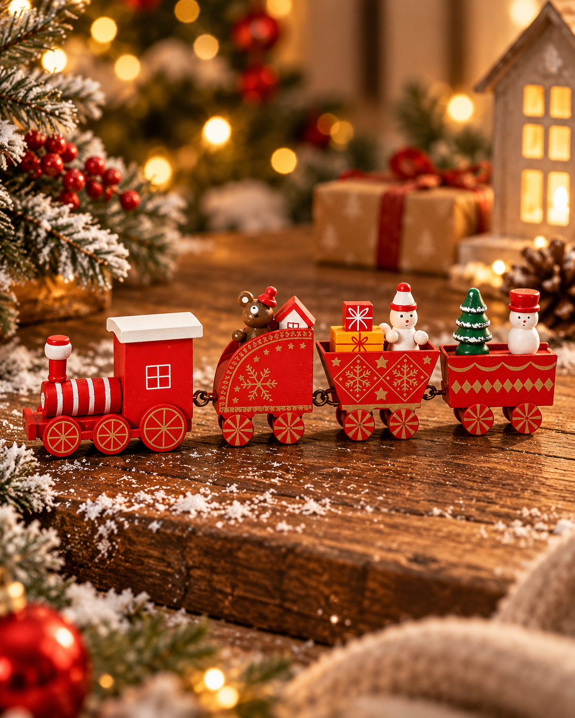 Red wooden Christmas train decoration with an engine and three carriages on a festive table