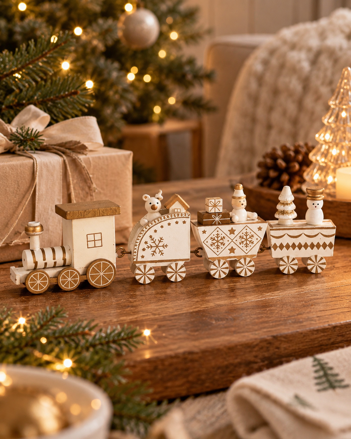 White wooden Christmas train decoration with an engine and three carriages on a festive table